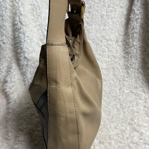 A.Bellucci leather khaki,taupe,burgundy &black stripes shoulder bag studs accent - Picture 6 of 16